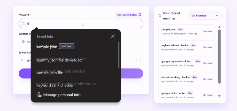 Keyword rank checker showing keyword search and recheck from search history